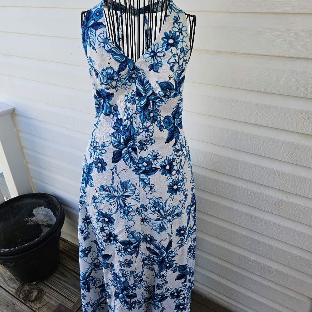 Vintage Handmade Blue Floral Maxi Dress Halter Neck